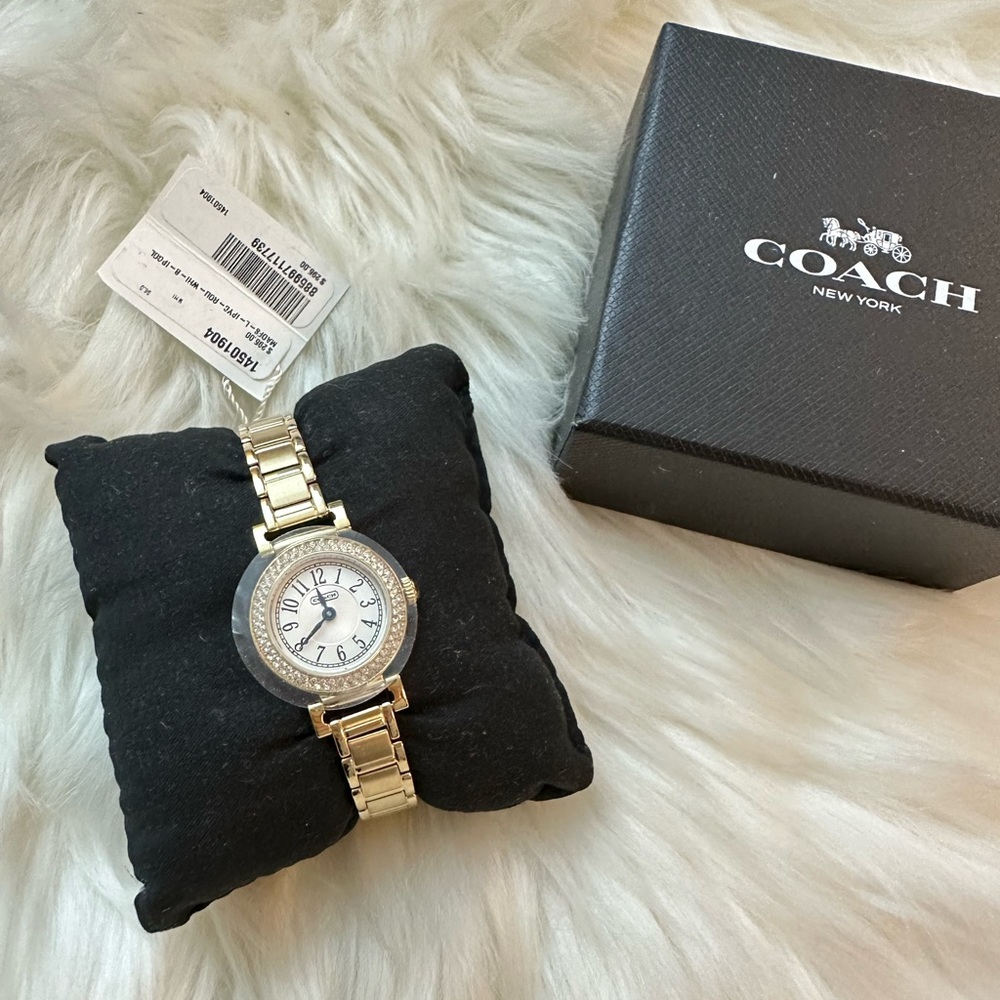 COACH Madison Stainless Steel Mini Crystal Bracelet Watch, 24mm Gold NWT